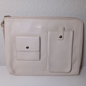 Mark & Graham Italy Beige Linen SOHO ZIPPER POUCH Handbag mono SMC #M2